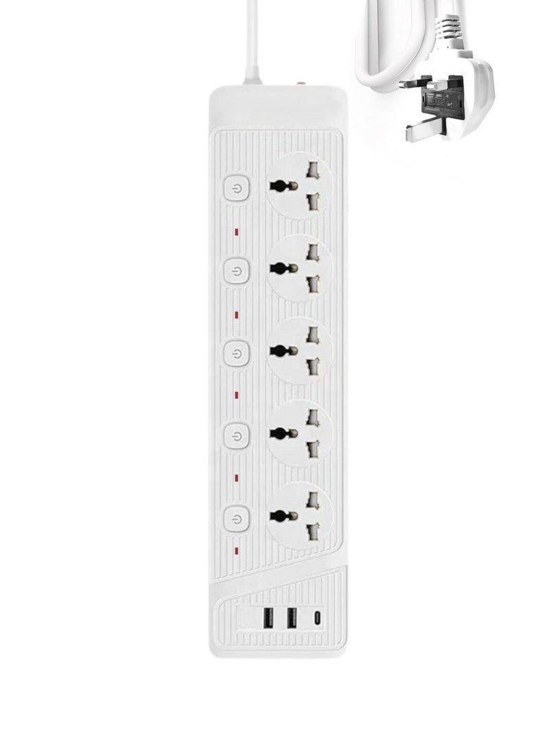 vexa pro 3M 5-Way Power Strip Extension Socket with 2 USB Ports & 1 Type-C Port, 3M Cable, Universal Socket Lead For Home/Office/Travel  – White - Image 1